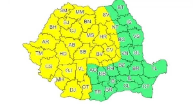 Avertizare cod galben incepand de sambata, 31 Martie 2018, de la ora 9 dimineata si pana la finalul zilei de duminica, 1 Aprilie 2018, la ora 20